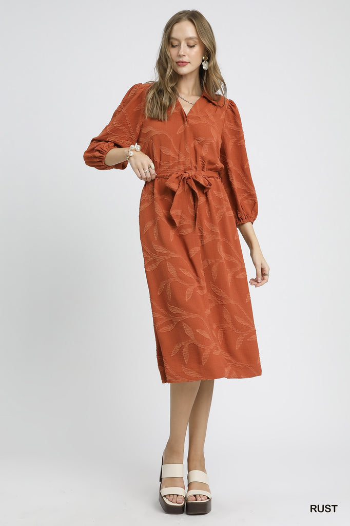 reese jacquard midi dress RILEY JACQUARD MIDI DRESS WITH WAIST TIE RUST / S