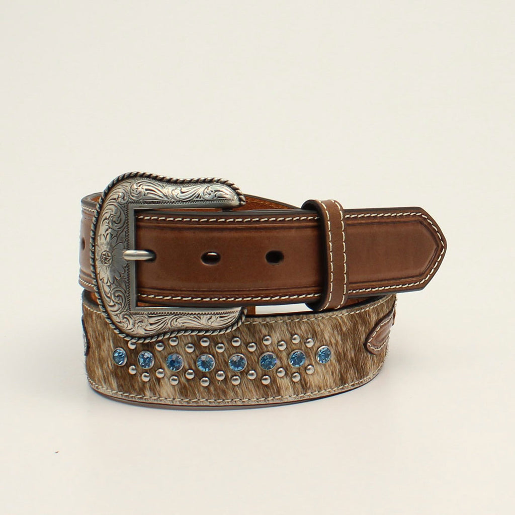 NOCONA MENS BELT 1 1/2 CALF HAIR BLUE STONES ROUND CONCHO  display picture 3